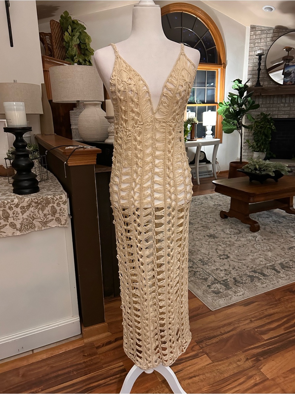 Sheer Crochet Maxi Swim Coverup Dress in Cream